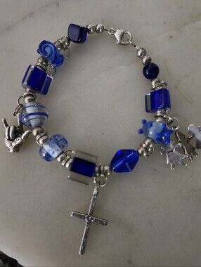 Sterling Silver Blue Glass Bead Charm Bracelet